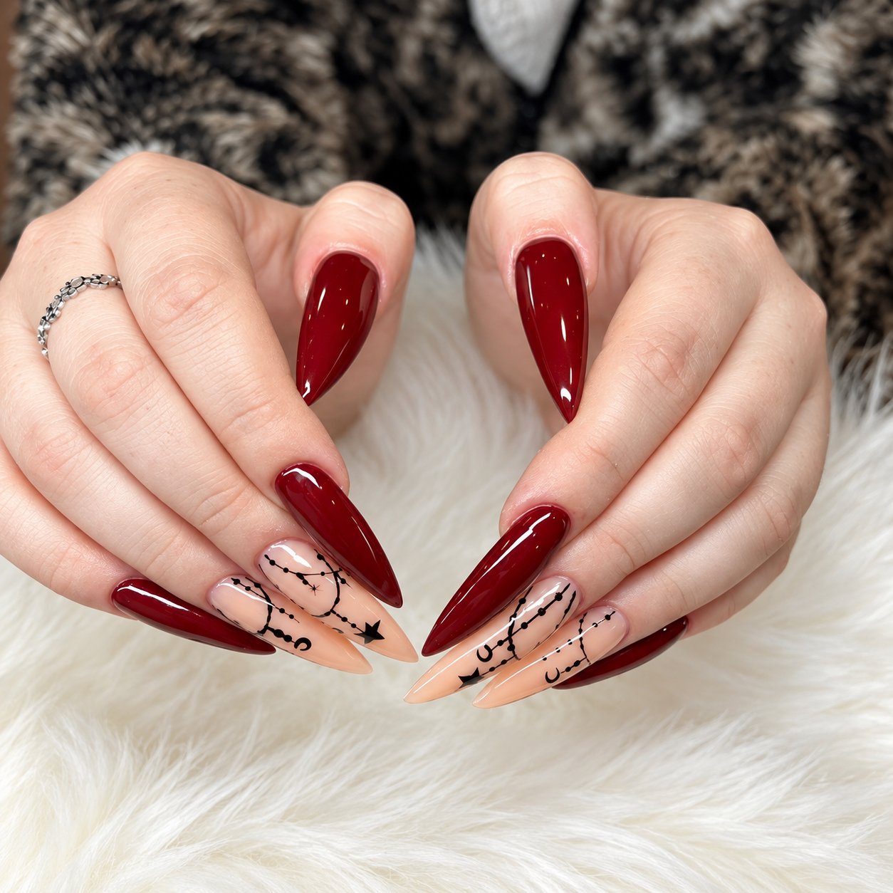 Dark red with line art
